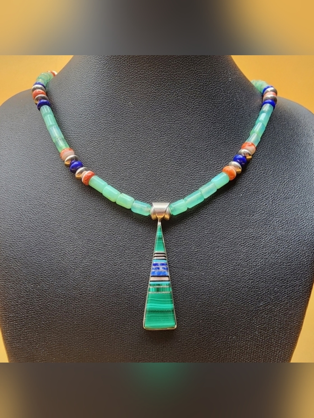 Signed Handmade Green Beaded Necklace with Inlaid Pendant